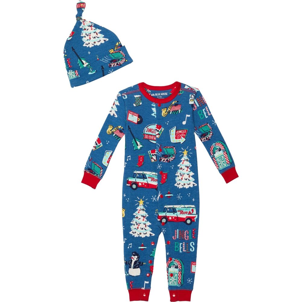 Little Blue House by Hatley Rockin Holidays Coverall & Hat ,Blue ,6-12 Months